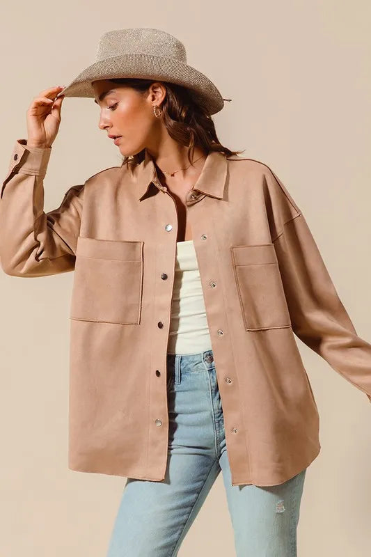 Faux Sued Snap Shacket with Collar and Pockets