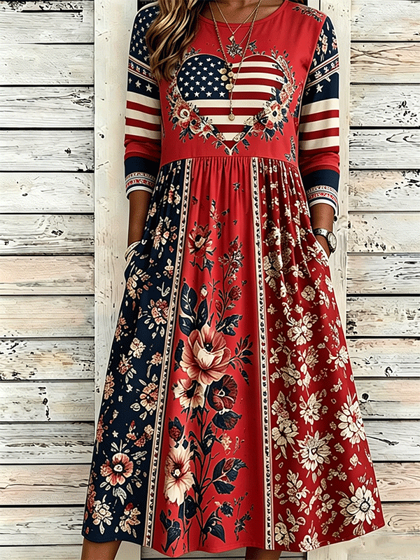 Women's American Flag Floral Patchwork Midi Dress