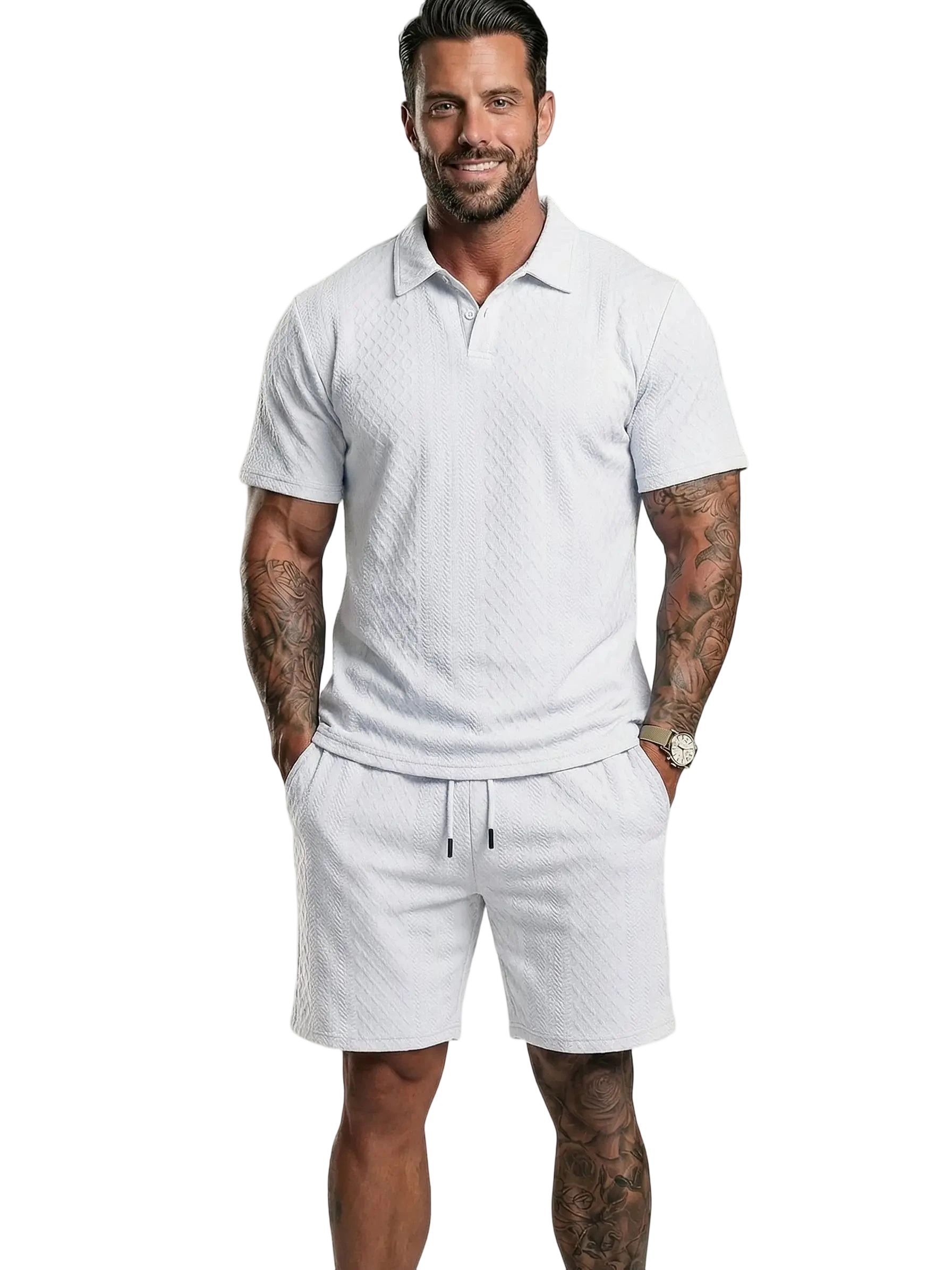 Men’s Polo Shirt & Drawstring Shorts Set – Breathable Casual 2-Piece Outfit