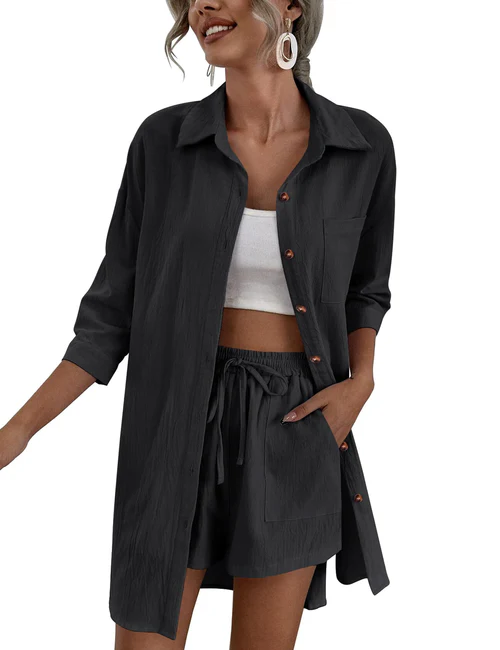 2025 Women's Linen 2-Piece Lounge Set – High-Low Shirt & Drawstring Shorts