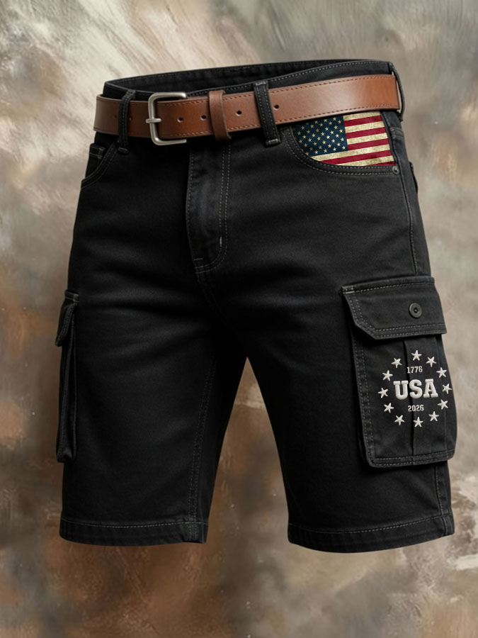 Men'S Retro American Flag Printed Multi Pocket Design Cargo Pants