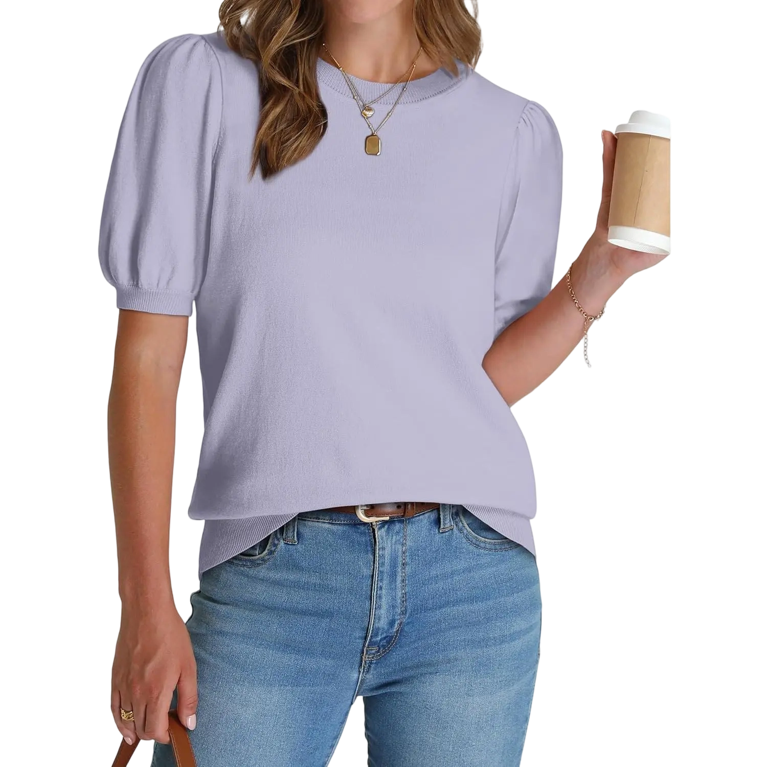 Women's Puff Short Sleeve Lightweight Knit Top Soft Breathable