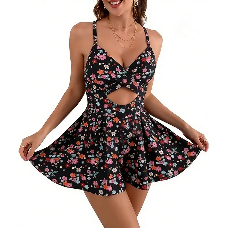 Women Cutout One Piece Skirt Swimsuit V Neck Wrap Tie Back Swimdress Tummy