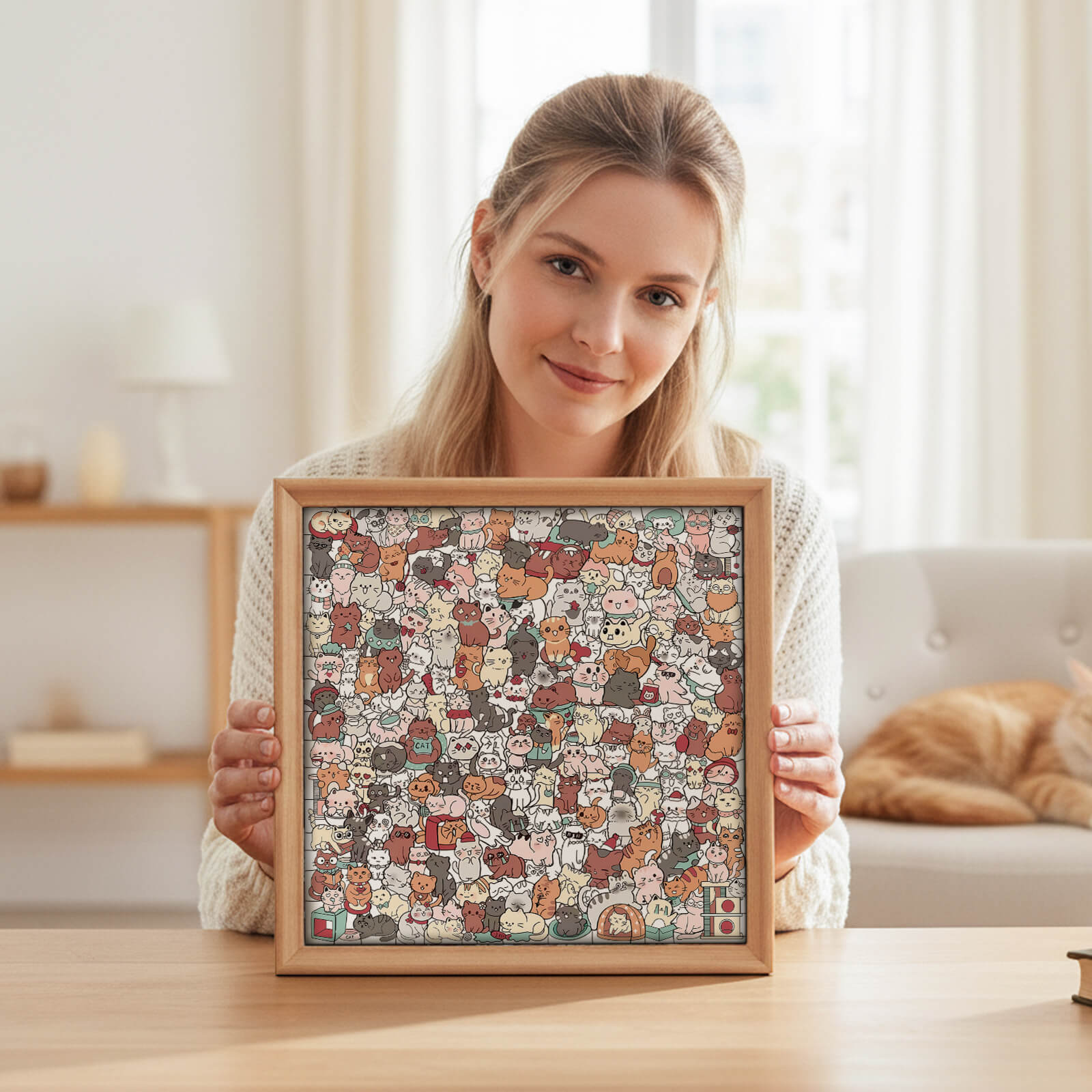 200 Pcs Morandi-Colored Lovely Cat Shaped Square Wooden Jigsaw Puzzle