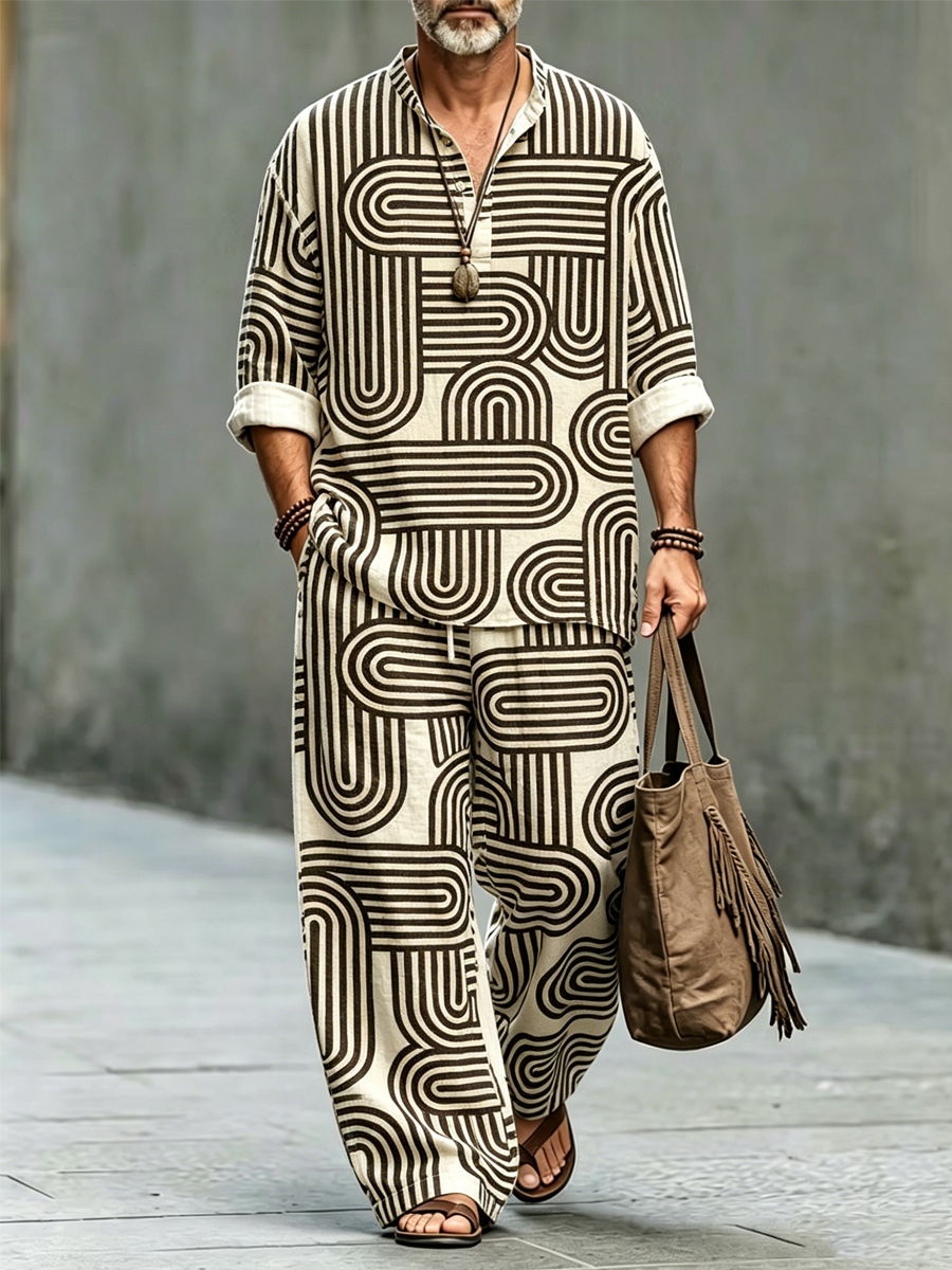 Men's Vintage Abstract Geometric Art Print Casual Vacation Set