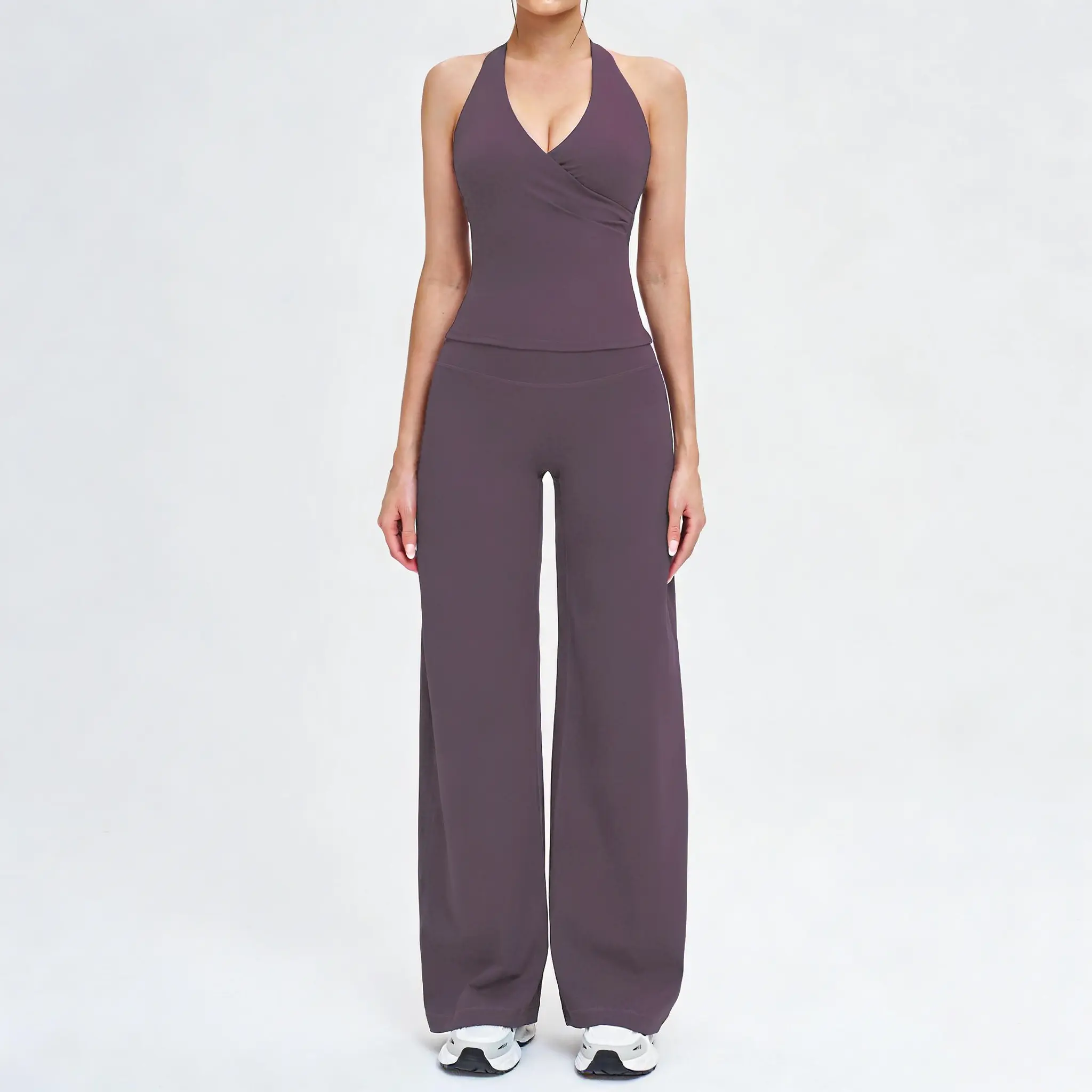 Women's 2-Piece Stretchy Workout Set - V-Neck Halter Top & High-Waisted Flare Leggings, NVWA Mother's Day Gift, Gym Training Attire, Pilates Athleisure Matching Outfit Set, 2 Piece Sets,summerwins