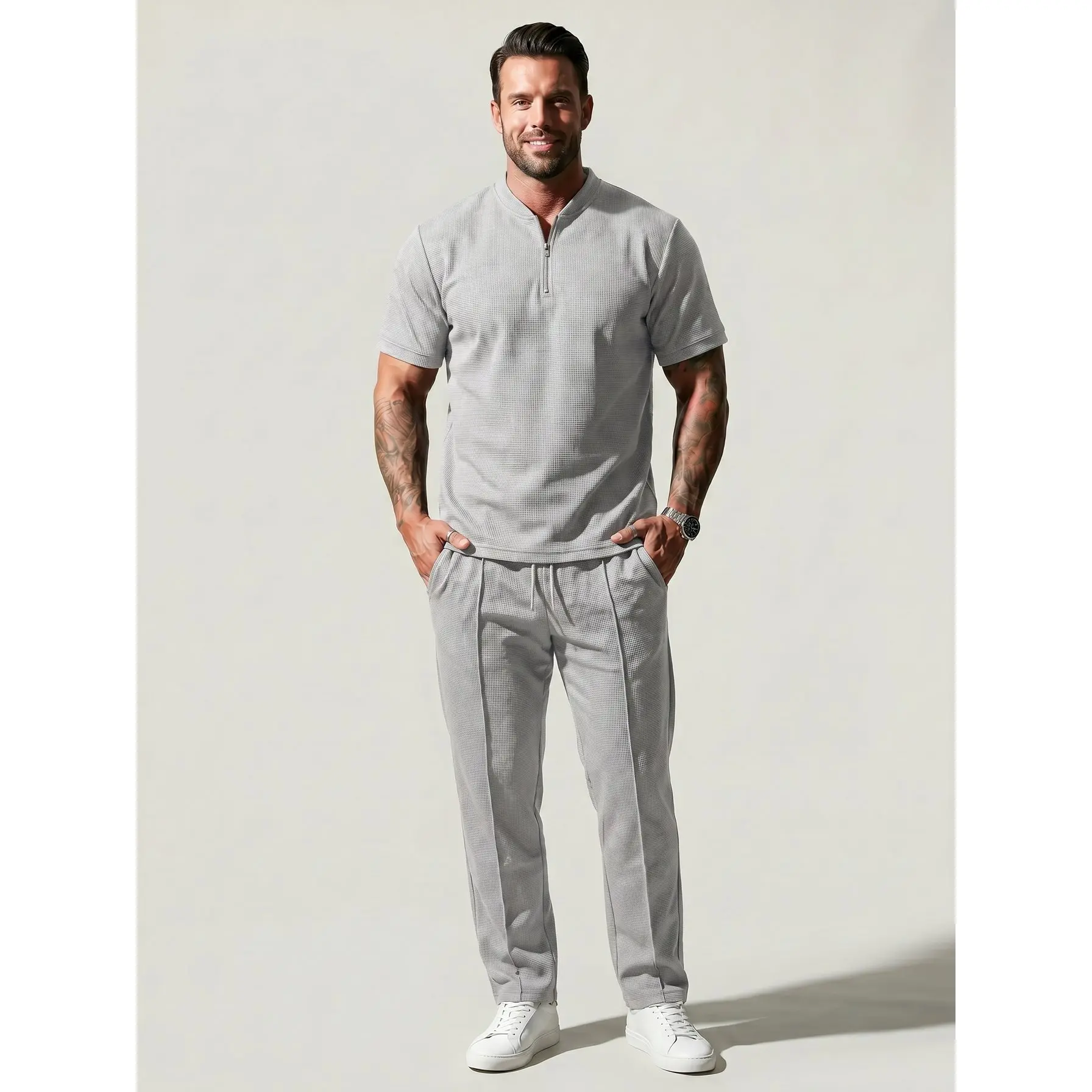 Men's 2-Piece Athleisure Wear Set - Solid Half-Zip Long Sleeve Jacket & Top-Stitching Waffle Pants