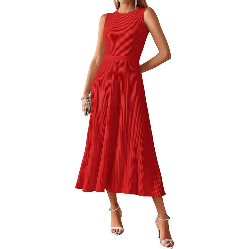 Women's Midi Bodycon Tank Dress Summer Crewneck Rib Knit Sleeveless Pleated Swing A Line Business Casual Dresses