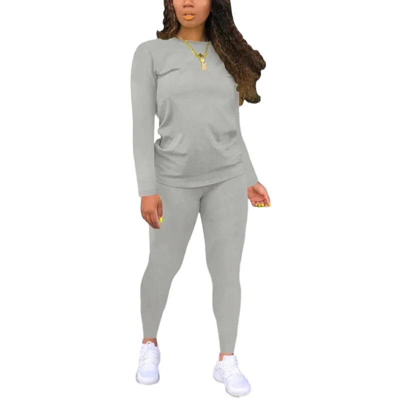 Women's Minimalist Chic Solid Long Sleeve Tee & Elastic Waist Pants Set