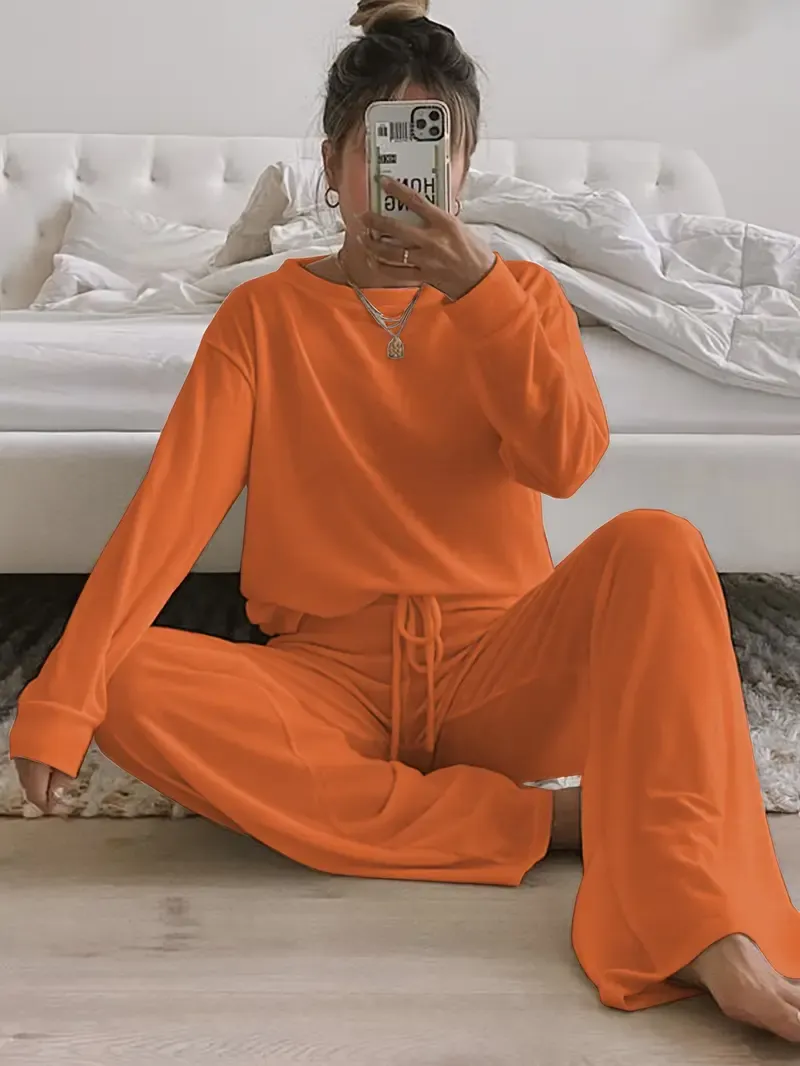 Women's Solid Casual Lounge Set, Long Sleeve Round Neck Top & Elastic Drawstring Pants, Comfortable Relaxed Fit For Fall