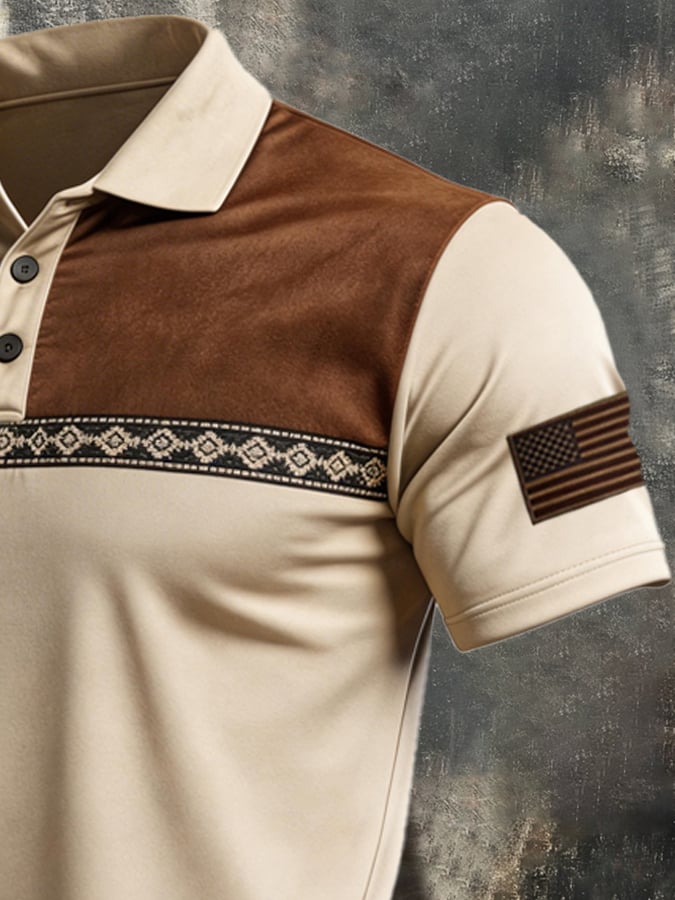 Men's Retro Patriotic Color-Block Short-Sleeve Polo Shirt