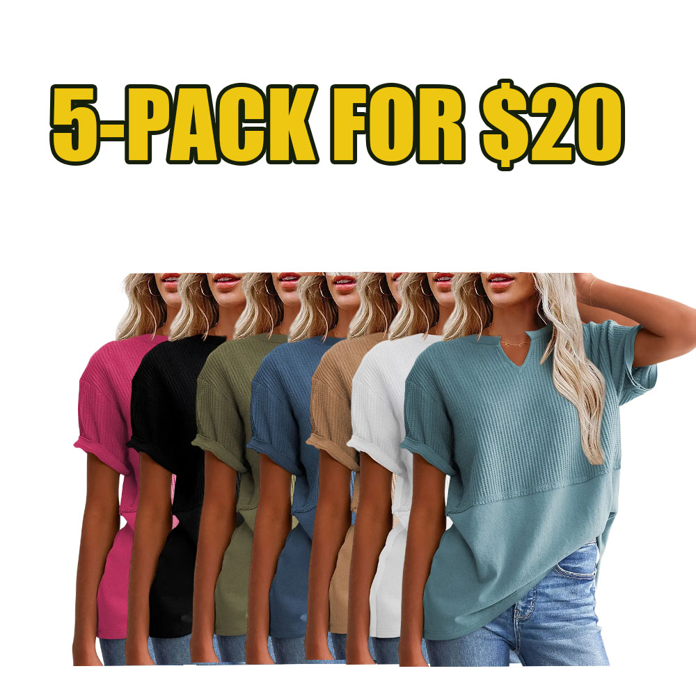 🌸 Women’s Waffle Knit V-Neck Tunic Top – Casual Summer Short Sleeve Knit Shirt