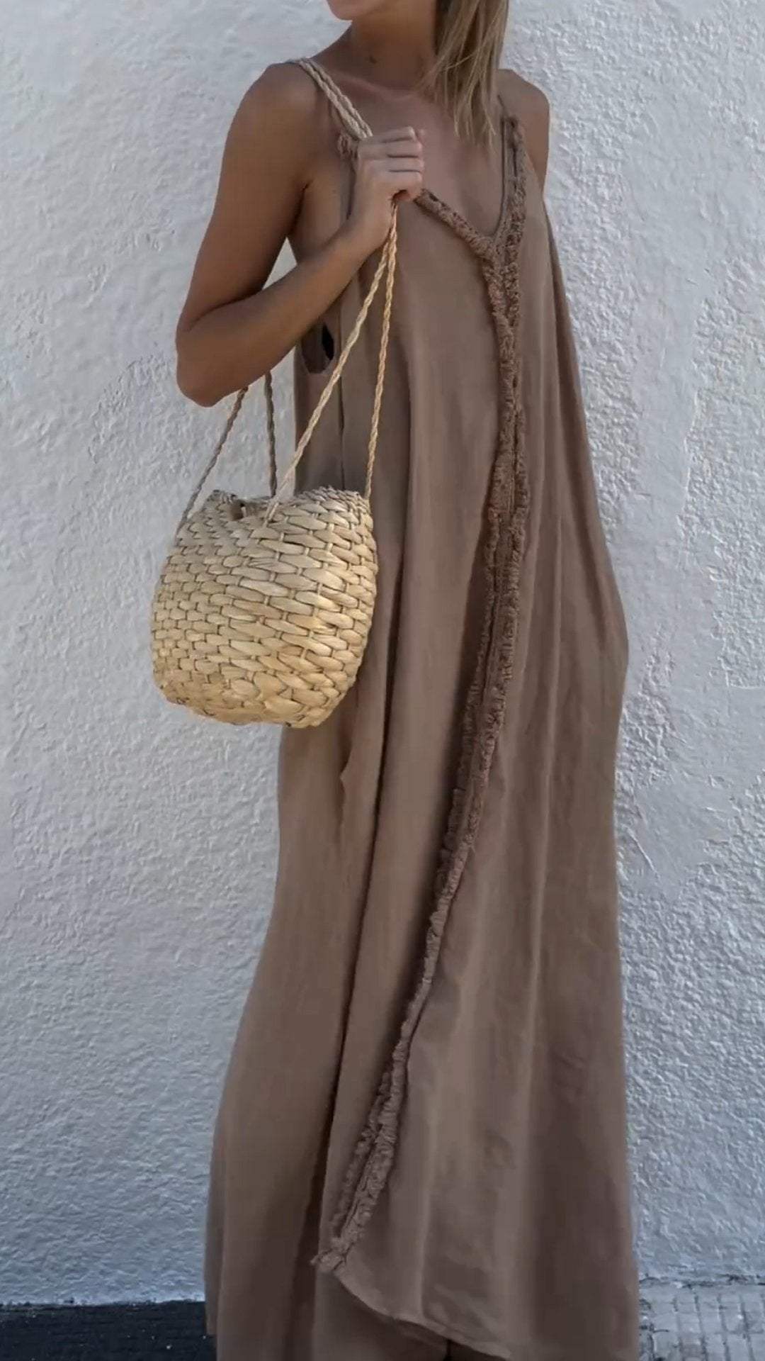 Casual Cotton and Linen Holiday Suspender Dress