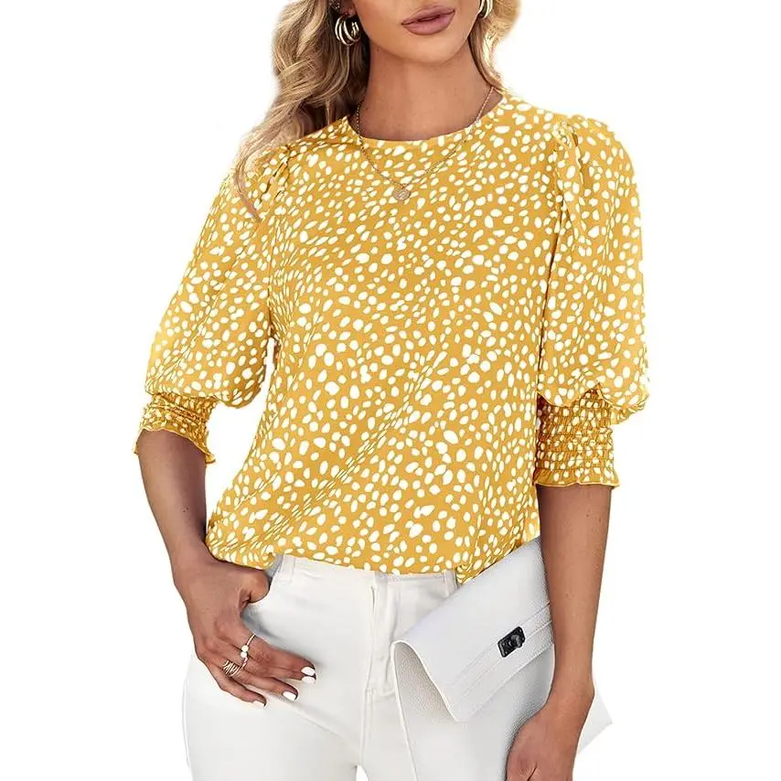 Women's Polka Dot 3/4 Sleeve Blouse Tops Ladies Casual Office Work Crew Neck T-Shirt