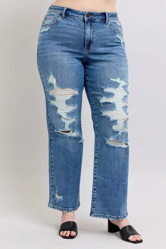 Blue Full Size High Waist Heavy Destroy Straight Jeans Plus Size