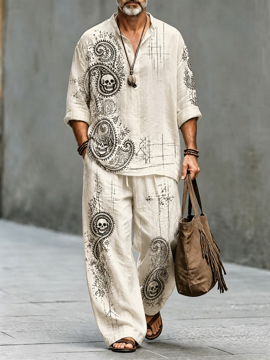 Men's Retro Skull Art Print Casual Vacation Set