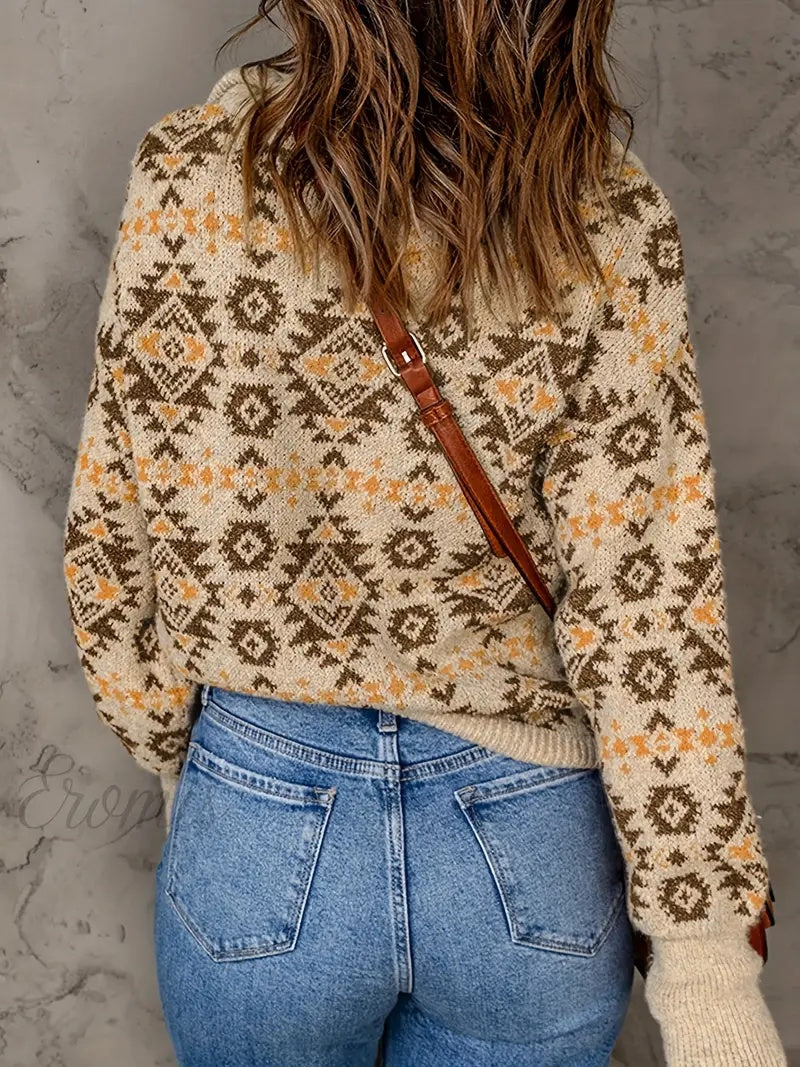 Autumn And Winter Series Turtleneck Pullover Zipper Printed Casual Ethnic Style Knitted Sweater