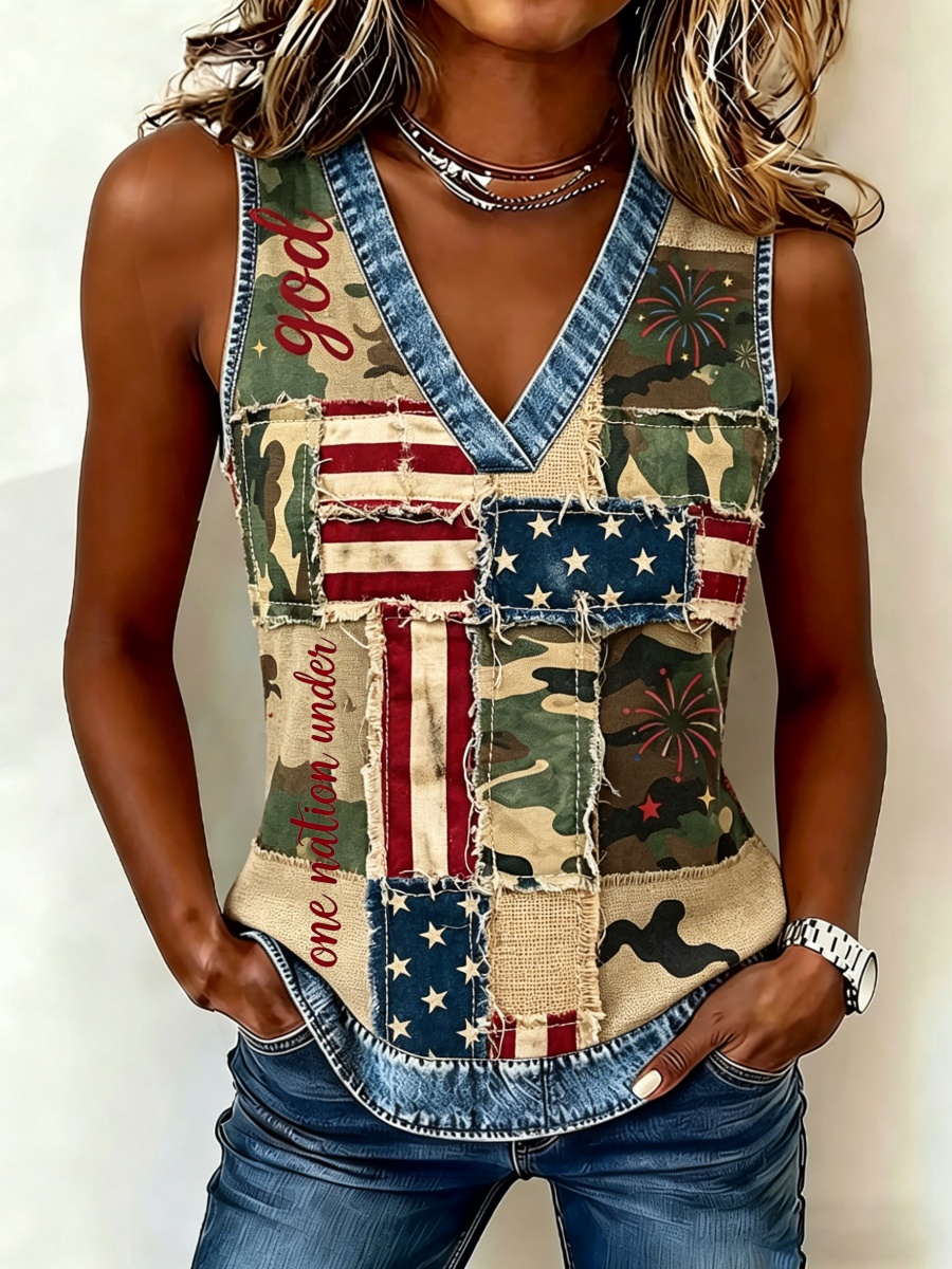 Vintage Faith & Camouflage Patchwork Women's Vest