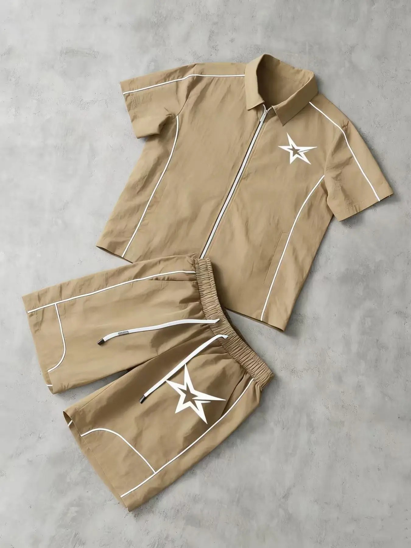 Stars Pattern Casual Set Short Sleeve Zipper Shirt + Gym Shorts Two-Piece Set