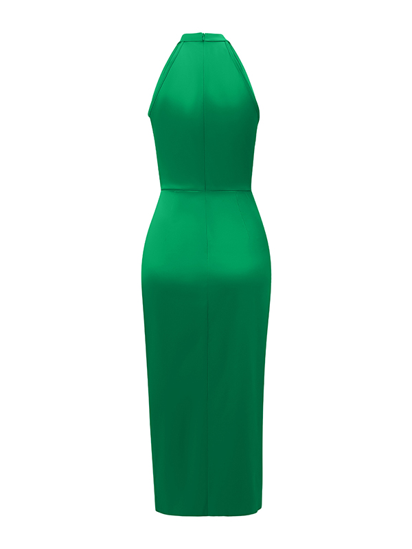 Hollow Pleated Solid Color Split-Joint Loose Sleeveless Stand Collar Midi Dresses