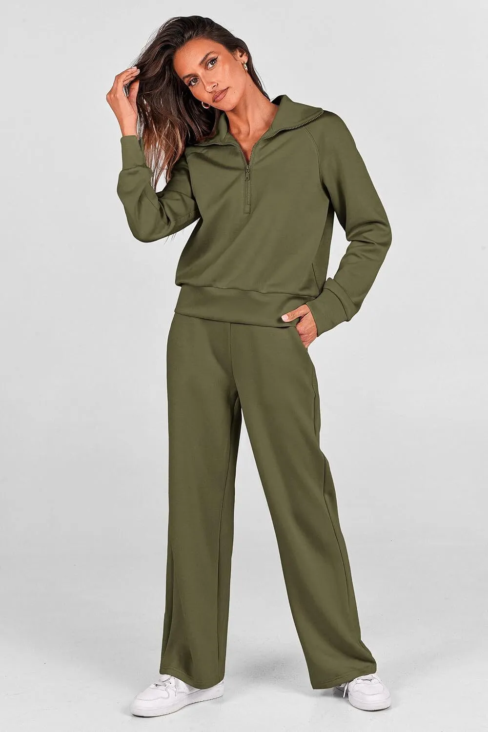 🔥Final Day Clearance!🛒Women's 2 Piece Outfits Casual Lapel Half Zip Sweatshirts And Wide Leg Pants Tracksuit Sets🔥8-PACK ONLY $28🔥
