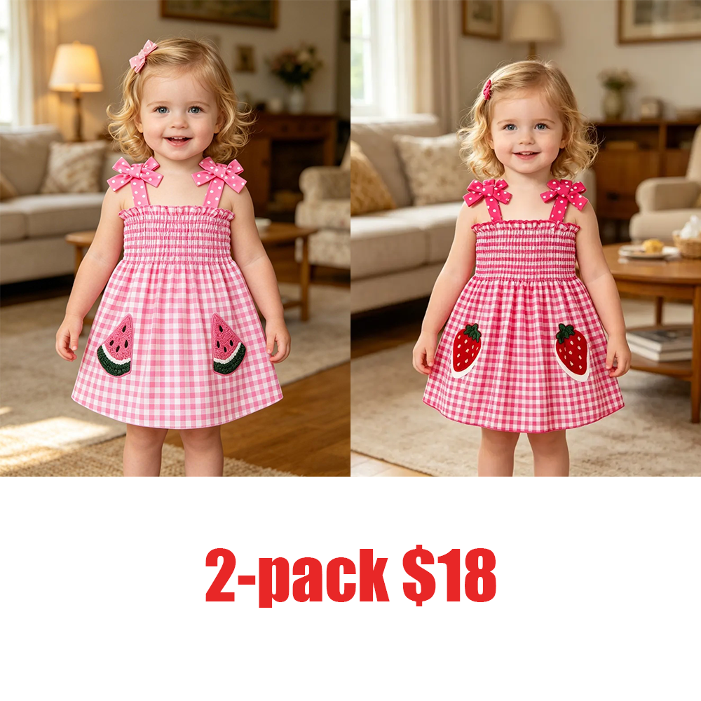 🌞 Cute & Sweet Summer Set for Girls! Plaid & Fruit Prints, Bow Shoulder Straps, 4-Piece Versatile Kids' Outfit for Summer Fun! 👗🍉