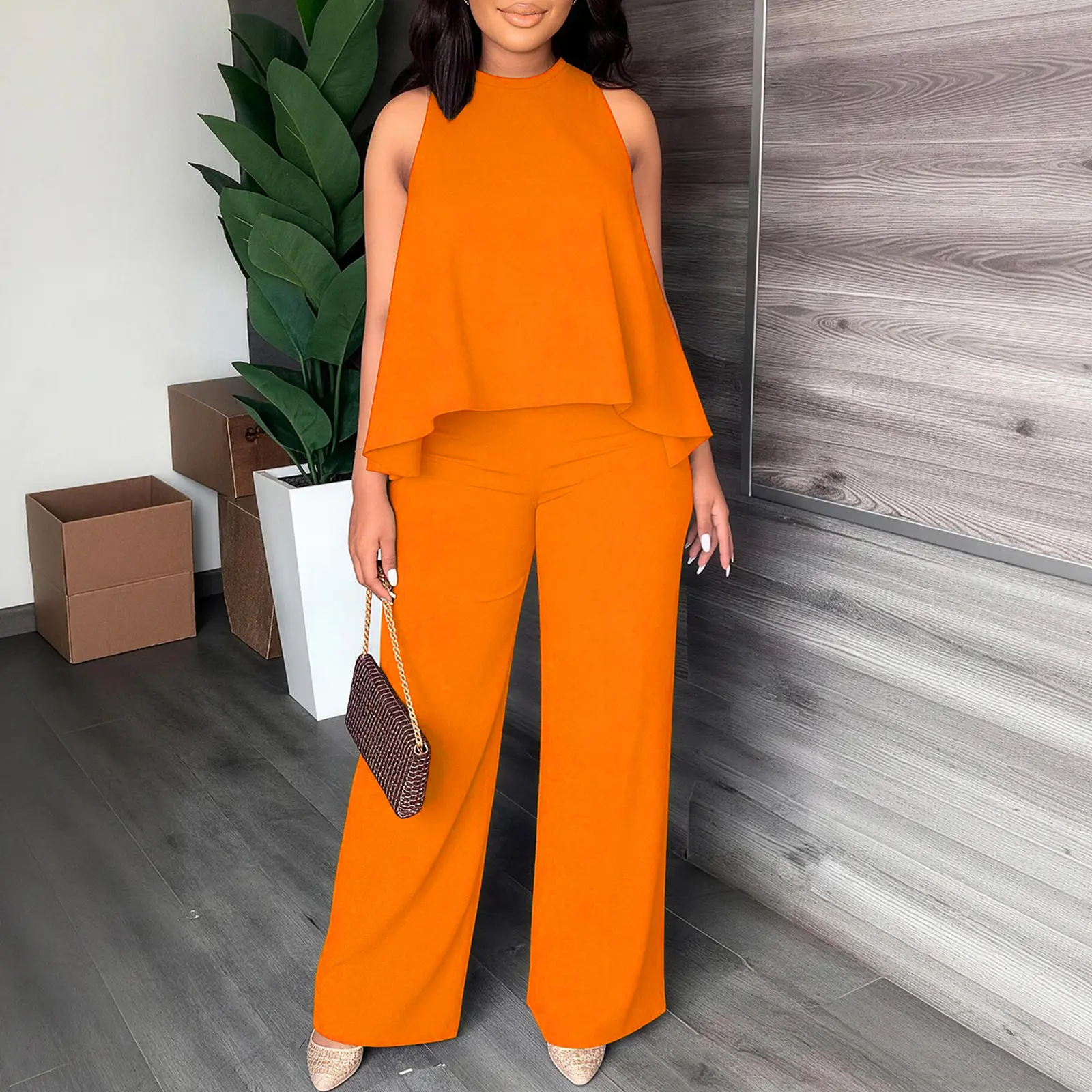 Women's Spring-Summer Set:Lightweight Flowy Halter Two-Piece with High-Waisted Wide Leg Pants–Comfortable