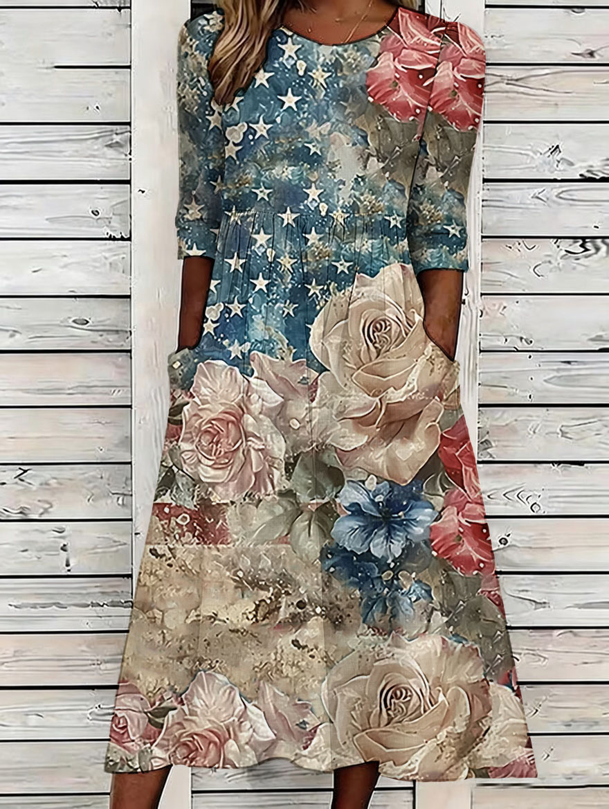 Women'S Retro Floral American Independence Day 250Th Anniversary Printed Casual Dress