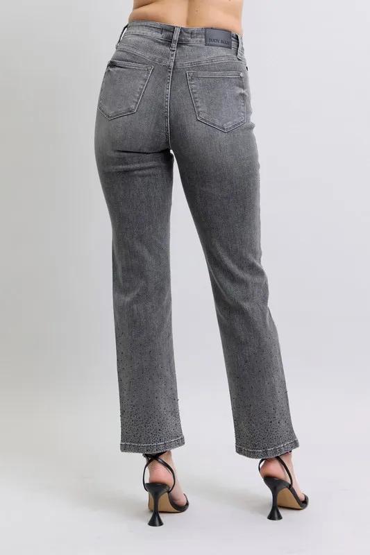 Blue Full Size High Waist Rhinestone Straight Jeans Plus Size