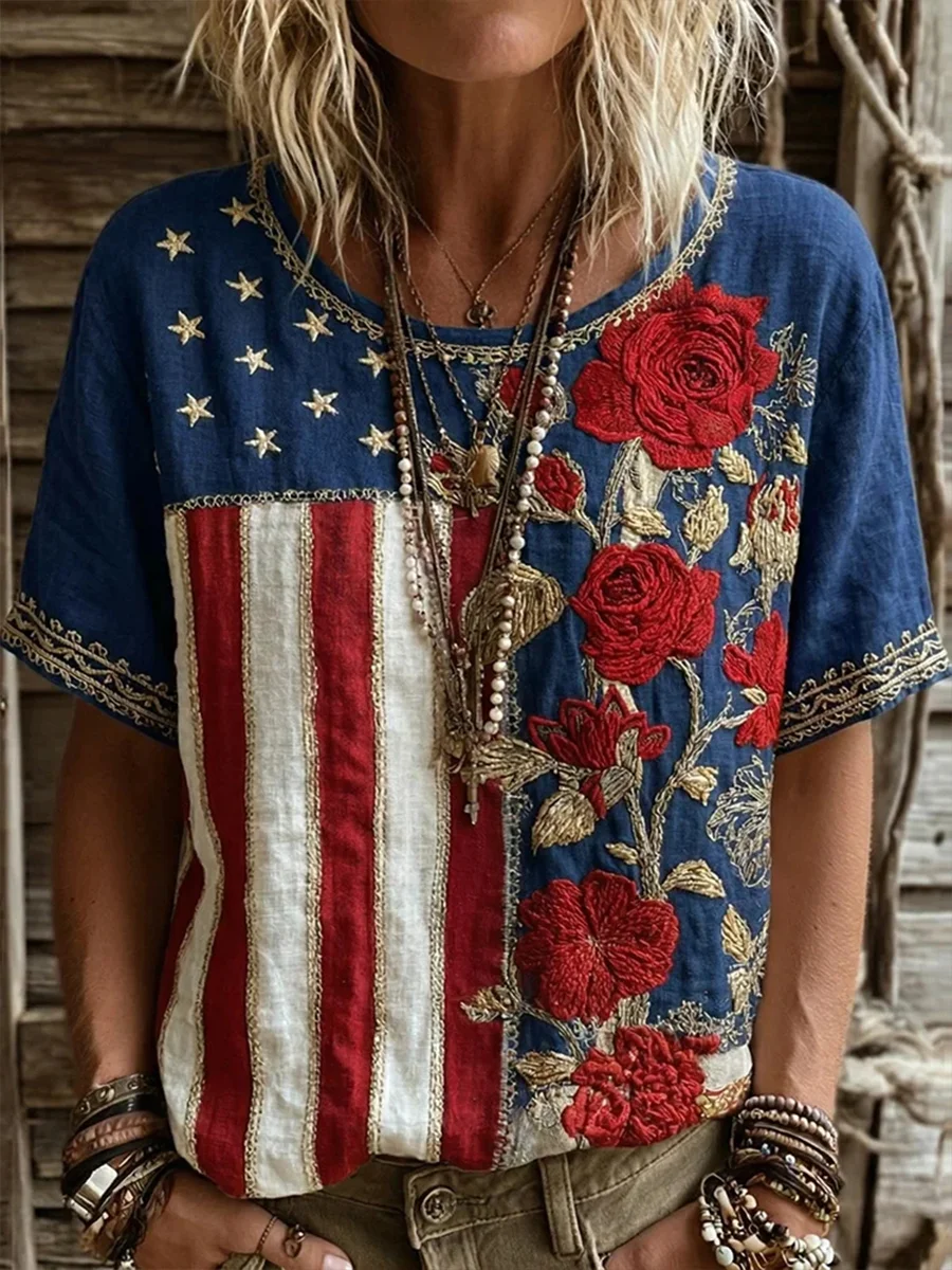 Women's American Flag Flowers Linen Short-sleeved T-shirt