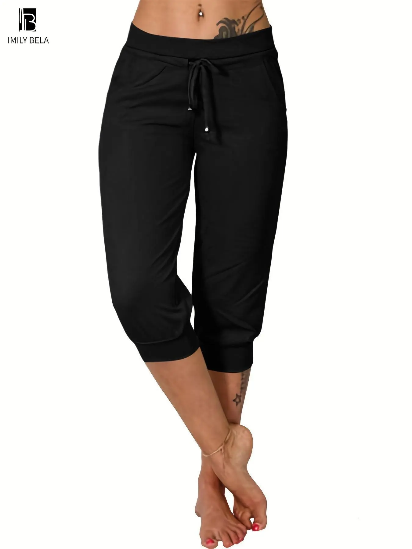 Women's Plain Drawstring Waist Capris Pants, Casual Pocket Trousers for Daily Wear, Ladies Bottoms for All Seasons