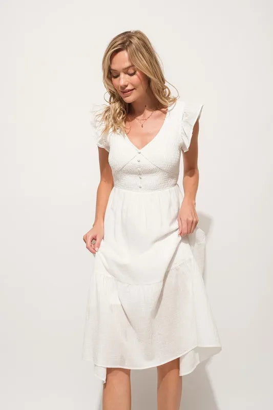 Ruffle Sleeve Front Smocked Tiered Midi Dress