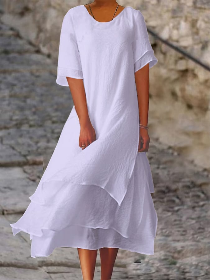 Polyester Cotton Double-Layer Color-Block Slit Short-Sleeved Round Neck Dress