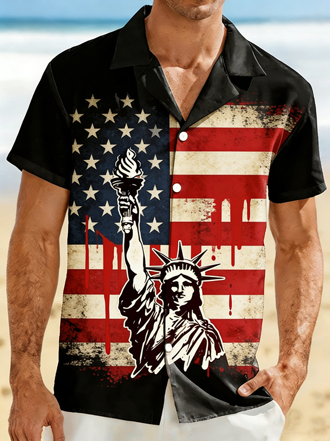 Men's Distressed American Flag Statue of Liberty Beach Shirt