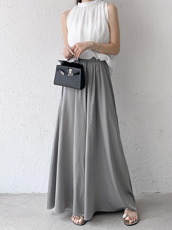 Elasticity Pleated Solid Color High Waisted Loose Pants Culotte
