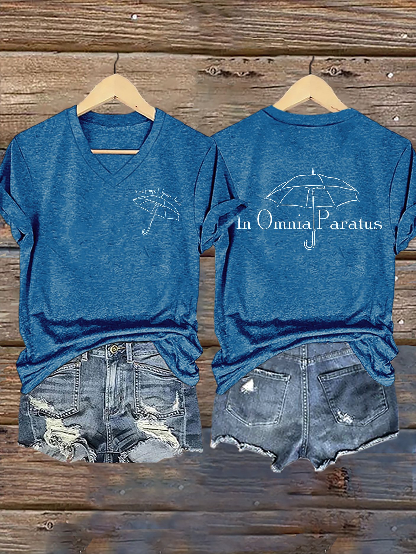 🔥HOT SALE🔥V-Neck Retro Fall You Jump, I Jump, Jack In Omnia Paratus Print T-Shirt