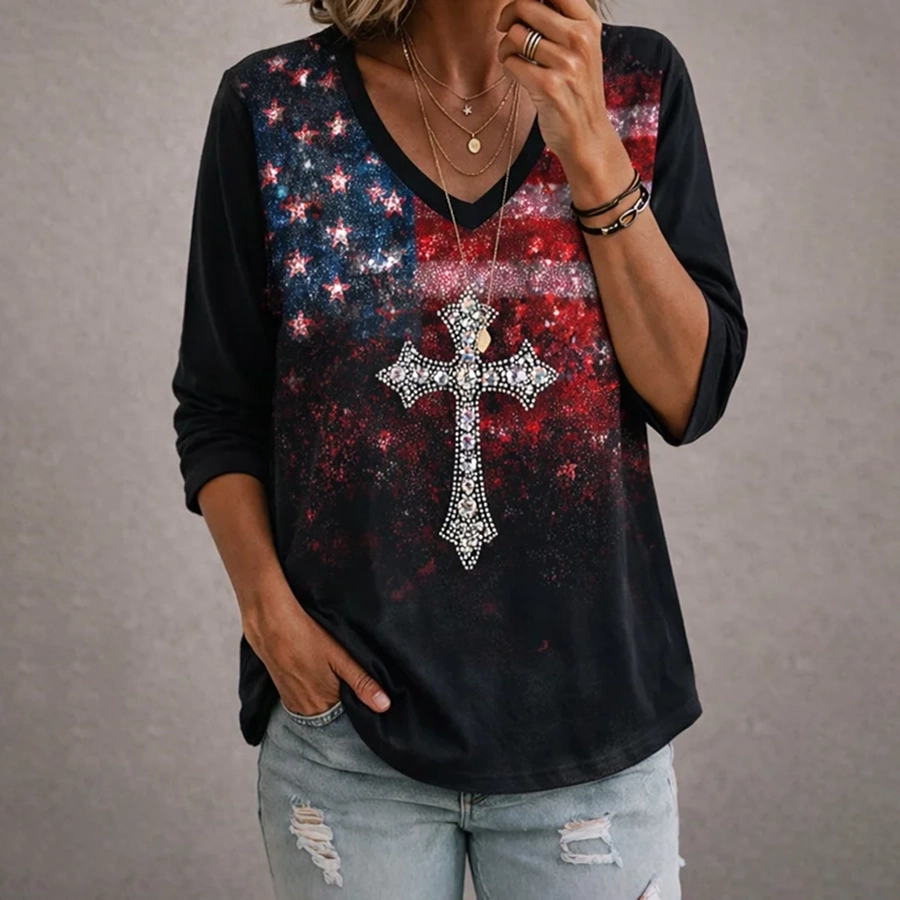Ladies' Casual US National Day Flag Print V-Neck Long Sleeved T-Shirt
