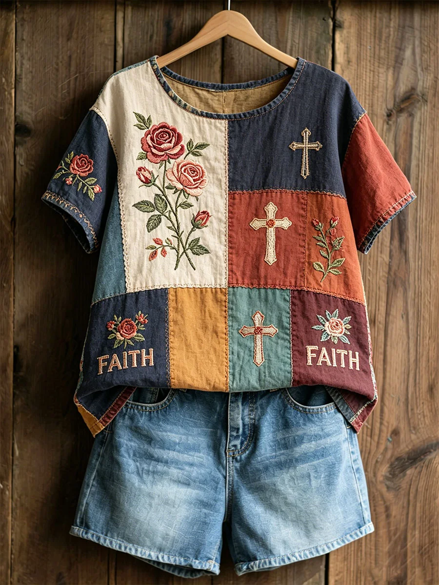 Women'S  Cotton Linen  Retro  Faith   Print T-Shirt