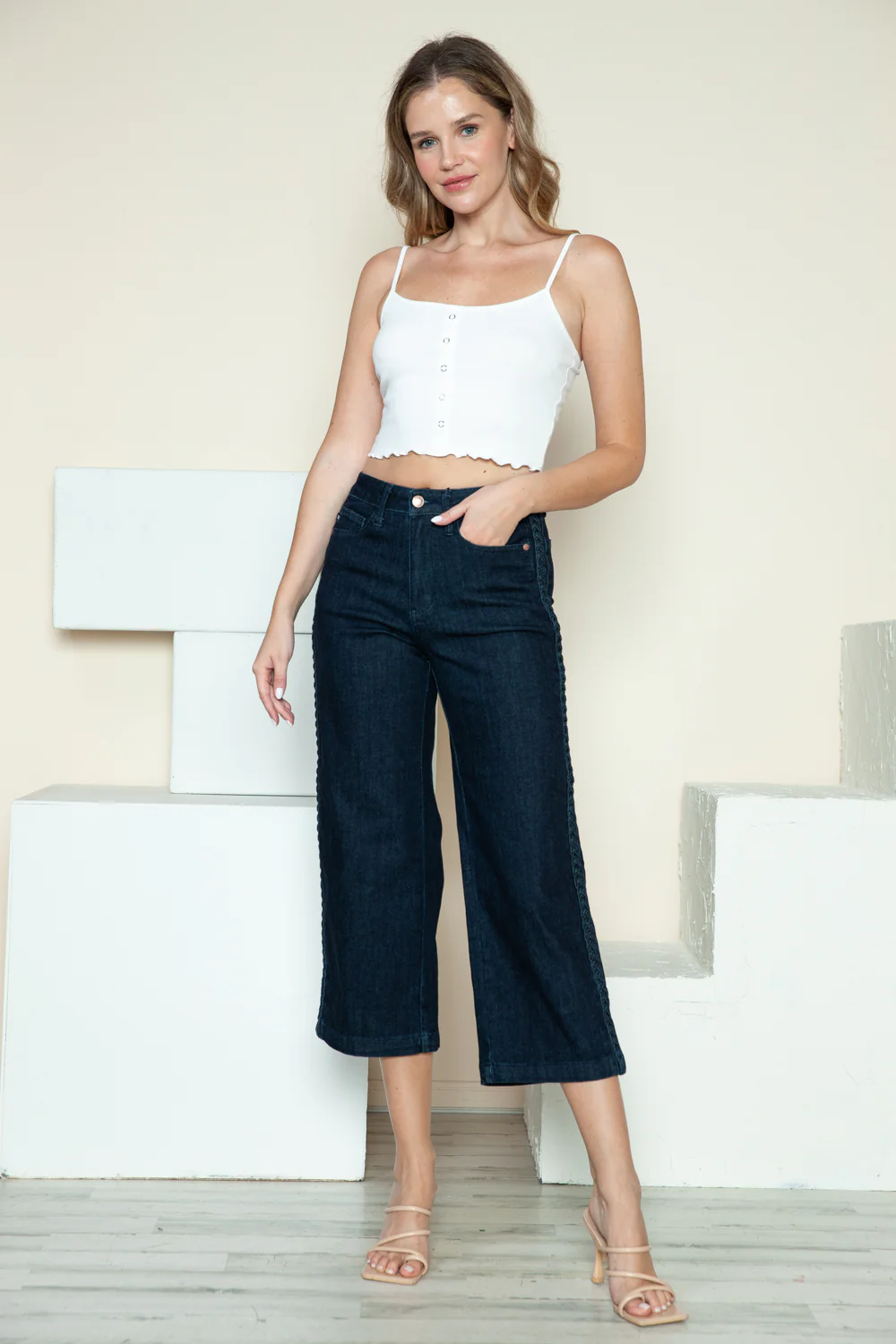 Blue Full Size Side Seam Braid Detail Crop Wide Leg Jeans