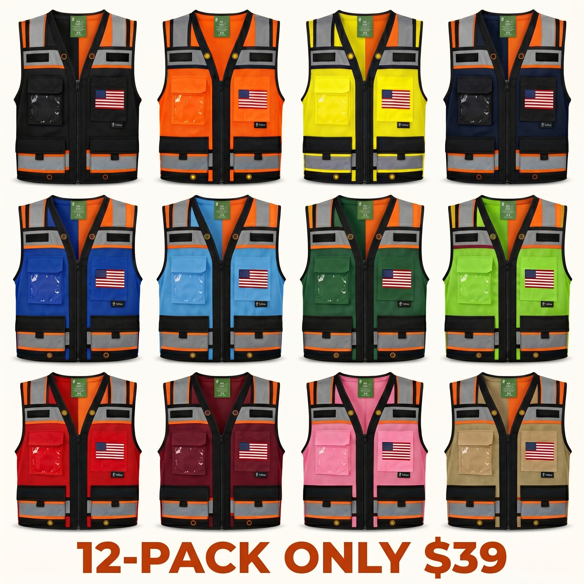 Supervisor-Grade Safety Vest (Optional Customization: U.S. Flag or Other Flags) — High-Visibility Reflective Safety Design, Featuring Zipper Closure and Multiple Pockets on a Mesh Vest