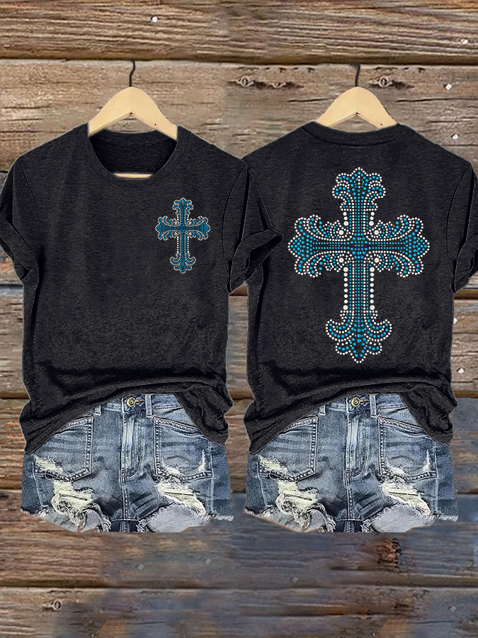 Women's Western Cross Printed Casual T-shirt