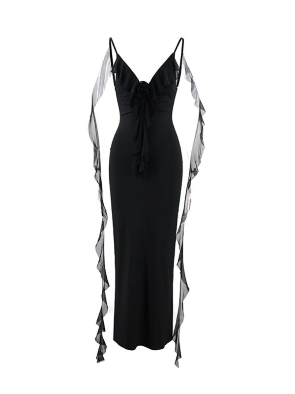 Deep-V 3D Flower Strappy Backless Fishtail Dress