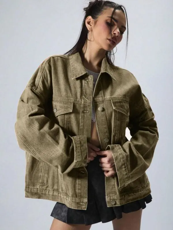 Women's Plain Button Front Drop Shoulder Denim Coat