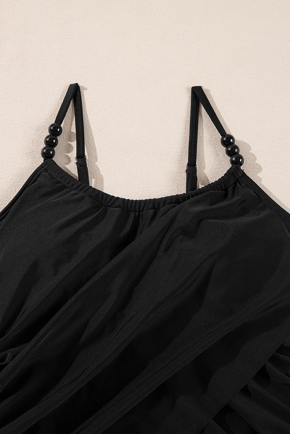 Black Beaded Spaghetti Straps Ruched Overlapped Colorblock One Piece Swimsuit
