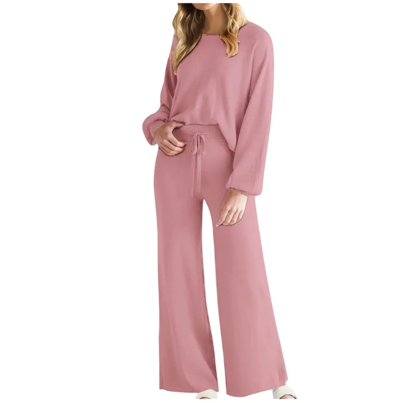 Womens Fall Winter Casual Solid Knitted 2 Piece Sets Long Sleeve