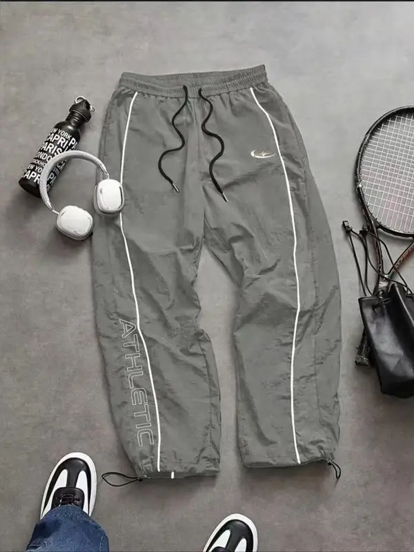 Men's Casual Sporty Long Pants, Loose Fit Drawstring Cuff