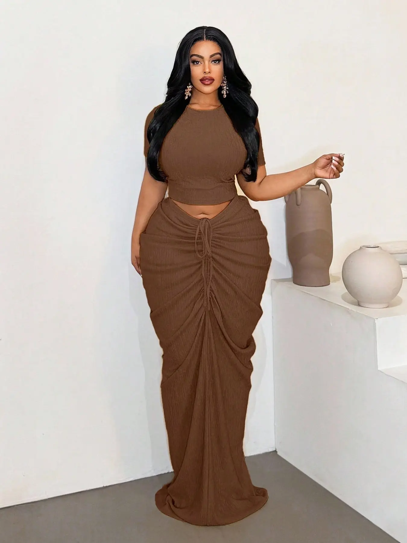 Plus Size Two-Piece Women's Set, Ribbed Short Top & Drawstring Pleated Skirt, Sexy Slim Fit Evening Party Dress