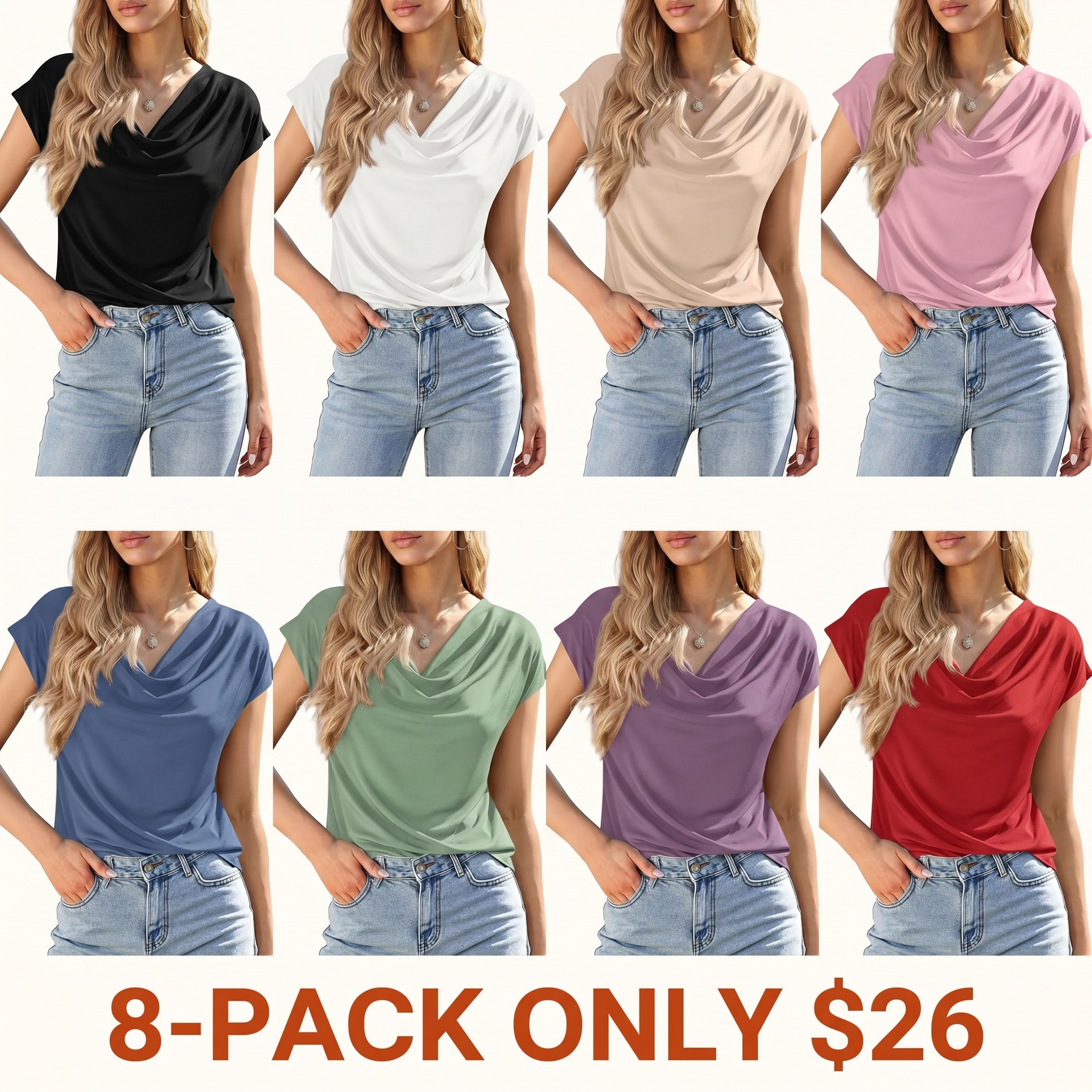 Women's Cowl-Neck Short-Sleeve Top — Elegant Casual Wear, Summer Shirt