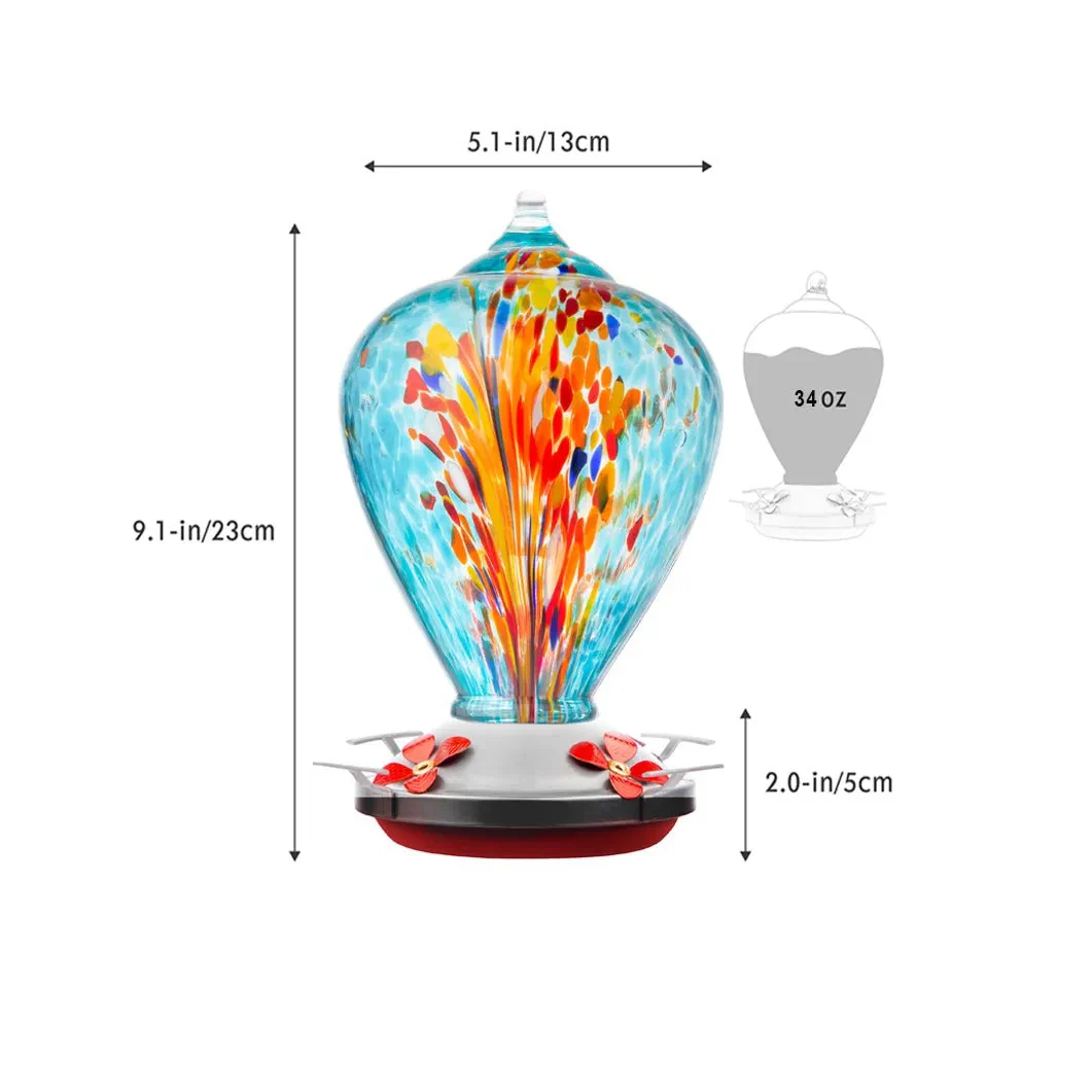 Hand Blown Glass Hummingbird Feeder - 34 Ounces