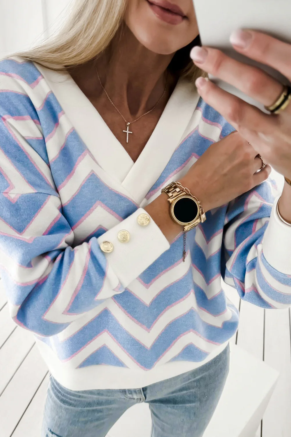 Sky Zigzag Striped Print V Neck Oversized Top